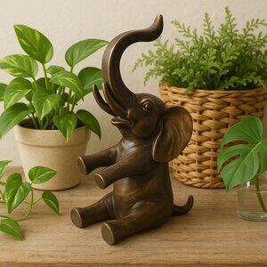 Large Sitting Brass Elephant Brutalist Carved India Trump Up Large Ears Long Tru
